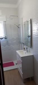 a bathroom with a sink and a shower with a mirror at Cila's Guest House 1 in Praia da Vieira