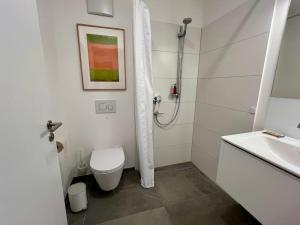 a bathroom with a shower and a toilet and a sink at Schickes 2-Zi-Apartment am Neckarufer im BUGA-Park in Heilbronn
