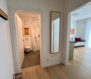 a bathroom with a toilet and a mirror in a room at Schickes 2-Zi-Apartment am Neckarufer im BUGA-Park in Heilbronn