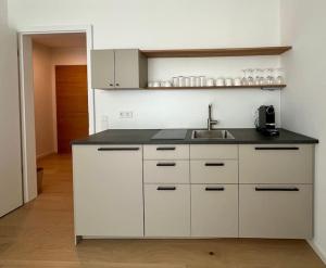 a white kitchen with a sink and a counter at Schickes 2-Zi-Apartment am Neckarufer im BUGA-Park in Heilbronn