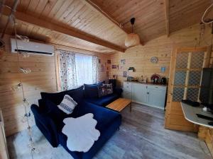 a living room with a blue couch and a kitchen at Leśny zakątek malediwy Jacuzzi free in Jaworzno