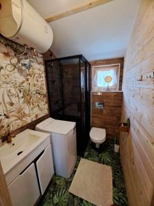 a small bathroom with a toilet and a sink at Leśny zakątek malediwy Jacuzzi free in Jaworzno