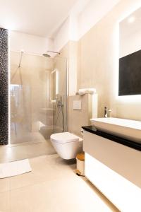 a bathroom with a toilet and a sink and a shower at Skyline Villa with jacuzzi and sauna in Kościelisko