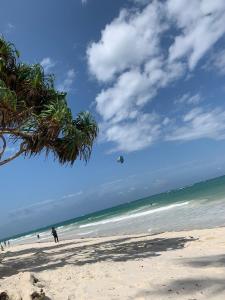 a person is flying a kite on a beach at Bedroom Diani Beach in Junda