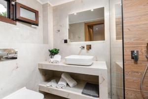 a bathroom with a sink and a shower at Odyssey Accommodation - Apartments in Pefkochori +16 photos