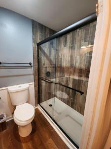 a bathroom with a toilet and a glass shower at Attitude Adjustment by Eden Crest in Sevierville