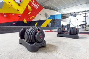 a gym with two dumbbells in front of a climbing wall at Kali Oaxaca Hostel in Oaxaca City