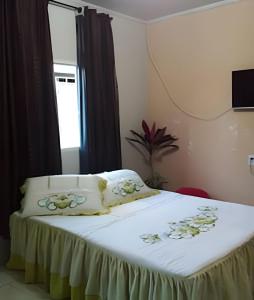 a bedroom with a white bed with flowers on it at Apto n.08 baixo custo beneficio in Águas Claras