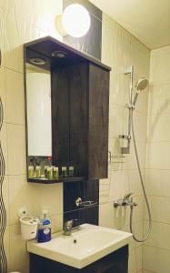 bagno con lavandino e doccia con specchio di Semiramida Central Studio a Varna