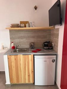 una pequeña cocina con fregadero y lavavajillas en Studios Venetsanos, en Koufonisia
