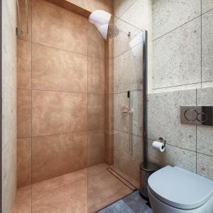 a bathroom with a shower with a toilet at Viva Mare Studios in Astypalaia Town
