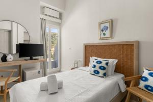 a bedroom with a bed with blue pillows and a television at Paradise Art Hotel in Andros