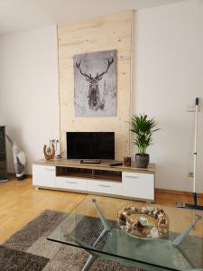 sala de estar con TV y mesa en Haus Martina en Sand in Taufers