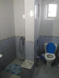 a bathroom with a shower and a toilet with a blue lid at Charmante Maisonnette avec Jardin et arbis voiture in Ez Zahra