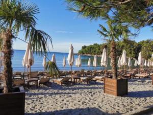 a beach with chairs and umbrellas and the ocean at Patrick House in Tivat