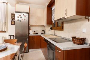 a kitchen with wooden cabinets and a stainless steel refrigerator at The Emerald Garden Maisonette in Siviri +27 photos