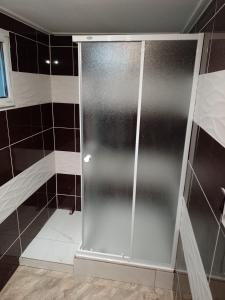 a shower stall in a bathroom with black and white tiles at rodiny dom in Rapovce