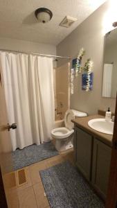 ein Badezimmer mit einem weißen Duschvorhang und einem WC in der Unterkunft B1 Guest House in Hope Mills