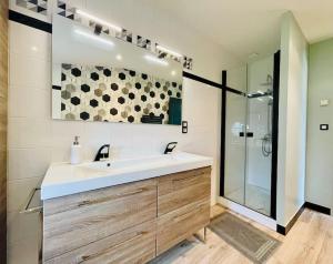 a bathroom with a sink and a shower at Villa rospico, 200m de la plage avec piscine in Névez +12 photos