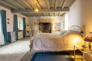 Un dormitorio con una cama y una chimenea. en Moulin du Meunier - 18th Century Magnificently restored Mill, en Orthoux-Sérignac-et-Quilhan
