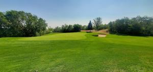 un exuberante campo de golf verde con un banco. en Super 8 by Wyndham Saskatoon Near Downtown en Saskatoon
