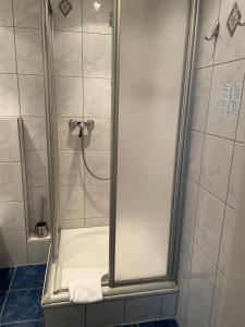 a shower with a glass door in a bathroom at Hotel Alt Montjoie in Monschau