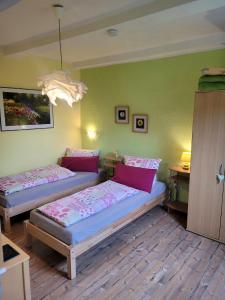 duas camas num quarto com paredes verdes em Ferienwohnung Leon em Langelsheim