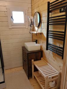 a bathroom with a sink and a mirror at Świerkowe Siedlisko in Węgorzewo +28 photos