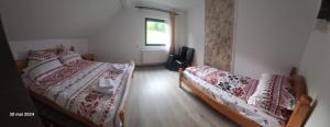 a bedroom with two beds and a window at Casa Vasy in Vatra Dornei