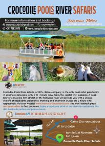 - un flyer pour une visite des piscines de crocodiles au bord de la rivière dans l'établissement Crocodile Pools Resort, à Gaborone