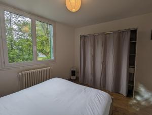 ein Schlafzimmer mit einem weißen Bett und einem Fenster in der Unterkunft Grande maison avec extérieur, jacuzzi et billard in Vierzon
