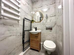 een badkamer met een toilet, een wastafel en een spiegel bij MMRent Fauna Room in Gdańsk +12 foto's