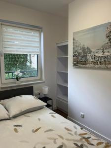 a bedroom with a bed and a window at Apartament Giulia z balkonem in Oleśnica