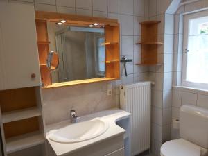 La salle de bains est pourvue d'un lavabo, d'un miroir et de toilettes. dans l'établissement Haus Klinger, à Gaschurn