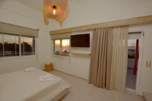 a bedroom with a bed and a tv and a window at Villa Emilia Suites in Pachis