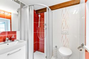 un bagno con doccia, WC e lavandino di Chalupa U sjezdovky Josefův Důl a Josefŭv Dŭl Altre 27 foto