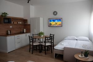 a living room with a bed and a table and chairs at STUDIO APARTMANI IZVOR in Blagaj