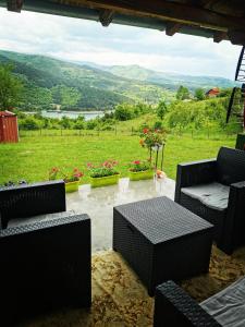 une terrasse avec des chaises, une table et des fleurs dans l'établissement Vila Jotic, Zavojsko jezero, à Pirot