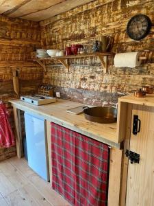 Una cocina con encimera y fregadero en una habitación. en La Cabane trappeur, en Gravières