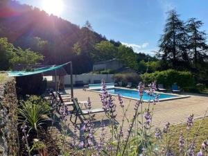 a swimming pool with purple flowers in the foreground at La Cabane trappeur in Gravières