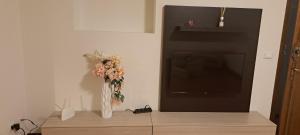 a room with a television and a vase with flowers at APPARTAMENTO SERENA in Bagnolo Mella