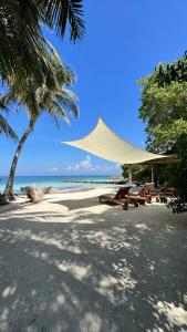 a beach with a tent and chairs and the ocean at Sal Si Puedes in Tintipan Island