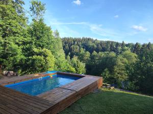 einen Pool im Garten mit Holzterrasse in der Unterkunft horská chata Cecilie in Olešnice v Orlických horách