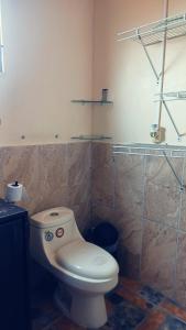 uma casa de banho com um WC branco e um chuveiro em La posada de nana em Alajuela