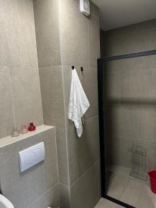 eine Dusche mit Glastür im Badezimmer in der Unterkunft Apartment Niš in Niš