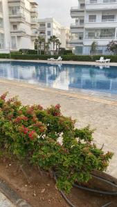 a large swimming pool with flowers in front of a building at Résidence Balnéaire, Appartement 2 Chambres in Mansouria