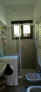 ein Badezimmer mit Waschbecken und Waschmaschine in der Unterkunft Villanova17a in Lavarone