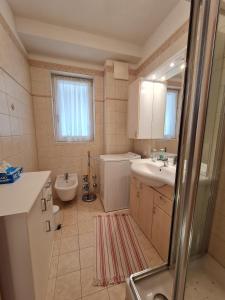 a bathroom with a sink and a toilet and a mirror at Haus Lilly by Globalimmoservice in Bad Kleinkirchheim