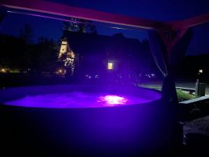 a hot tub lit up with purple lights at night at Wilga Leśne SPA in Solec-Zdrój