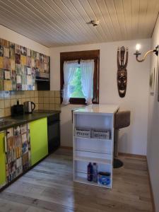 Hotel Platten Apartment في غيراسو: مطبخ مع كونتر وثلاجة صغيرة